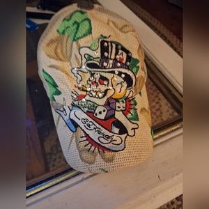 ED HARDY beige embossed skull trucker cap